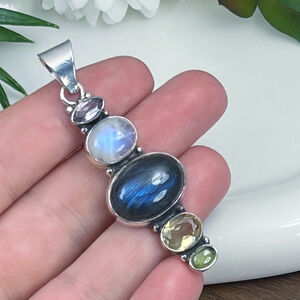 Blue Labradorite Rainbow Moonstone Pendant Boho Vintage Southwest Style New 925